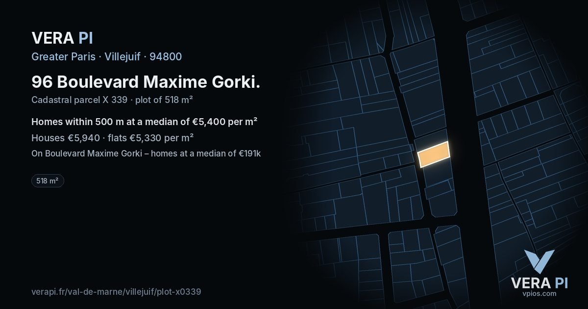 96 Boulevard Maxime Gorki, Villejuif at night – the plot lit, the parcels around coloured by the prices near them