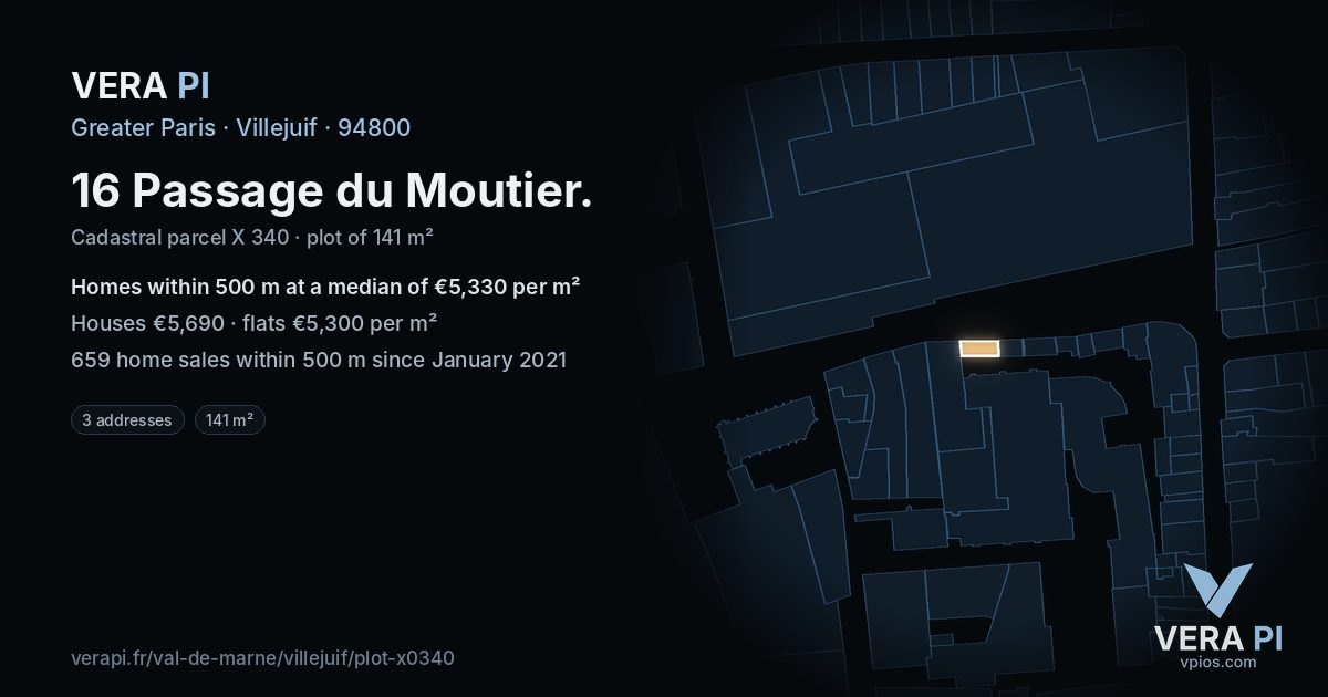 16 Passage du Moutier, Villejuif at night – the plot lit, the parcels around coloured by the prices near them