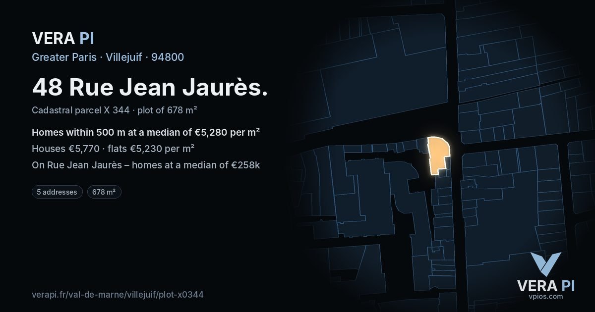 48 Rue Jean Jaurès, Villejuif at night – the plot lit, the parcels around coloured by the prices near them