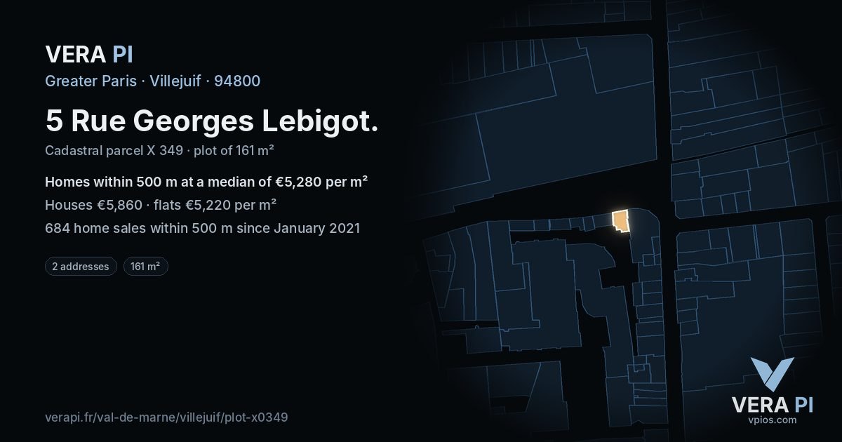 5 Rue Georges Lebigot, Villejuif at night – the plot lit, the parcels around coloured by the prices near them