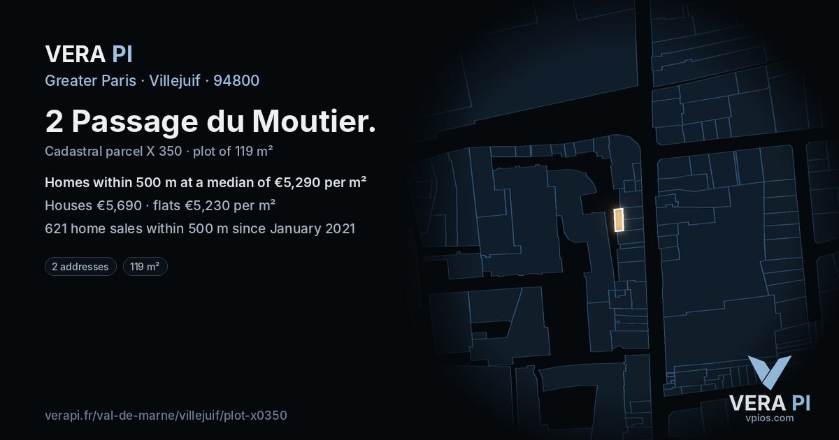 2 Passage du Moutier, Villejuif at night – the plot lit, the parcels around coloured by the prices near them