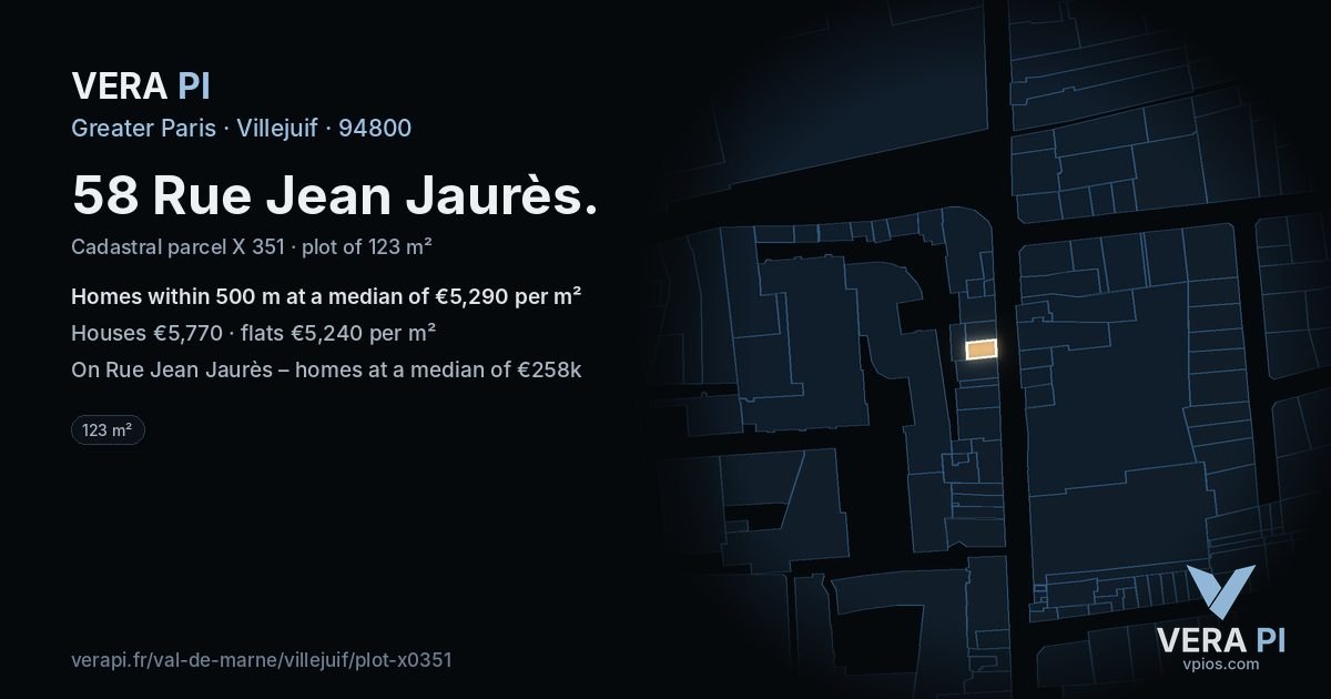 58 Rue Jean Jaurès, Villejuif at night – the plot lit, the parcels around coloured by the prices near them