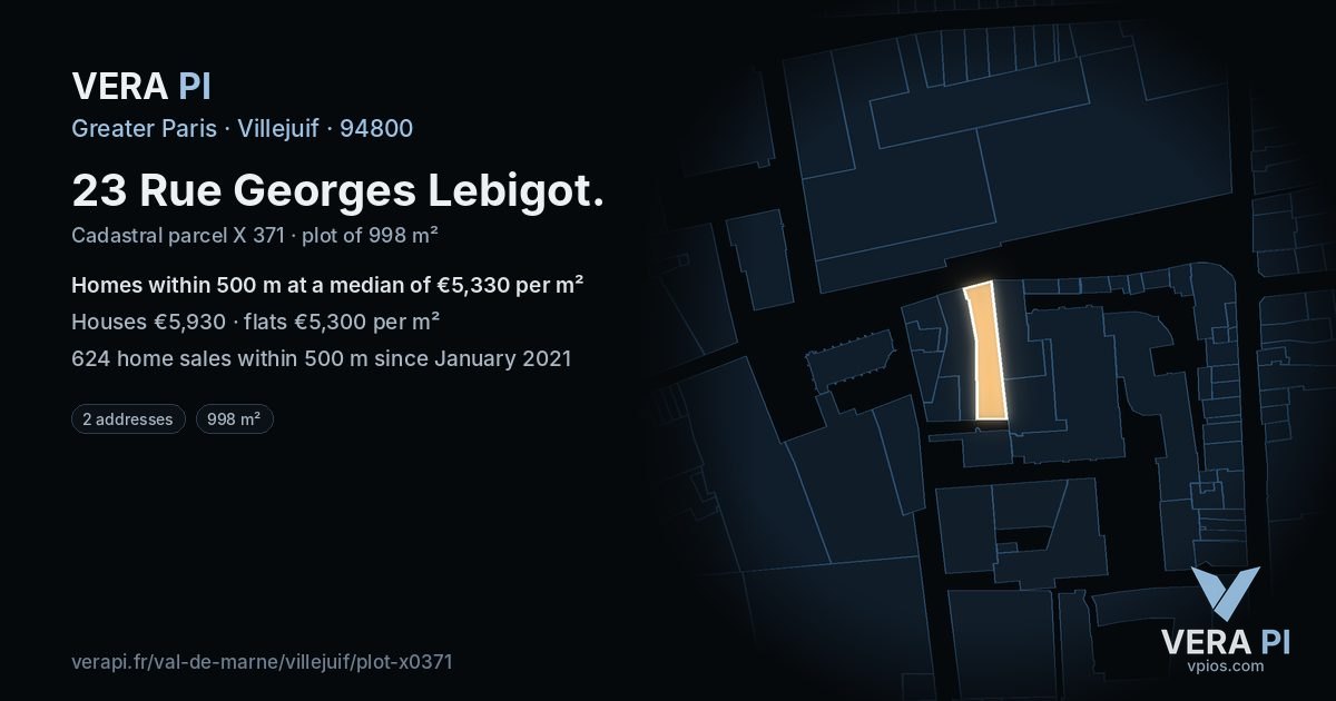 23 Rue Georges Lebigot, Villejuif at night – the plot lit, the parcels around coloured by the prices near them