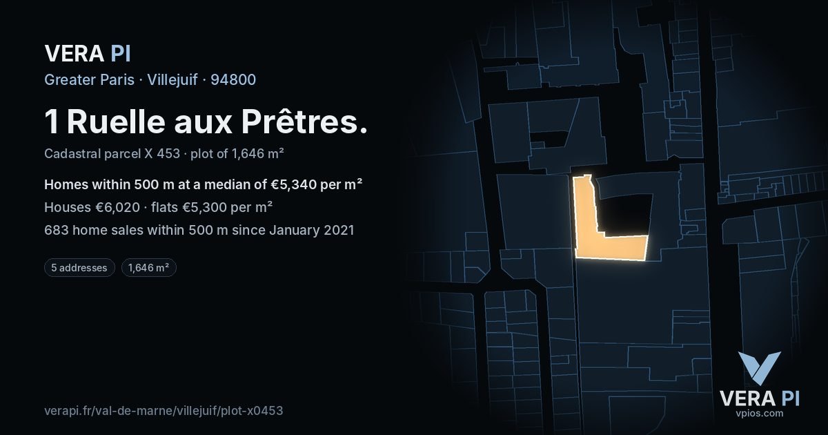 1 Ruelle aux Prêtres, Villejuif at night – the plot lit, the parcels around coloured by the prices near them