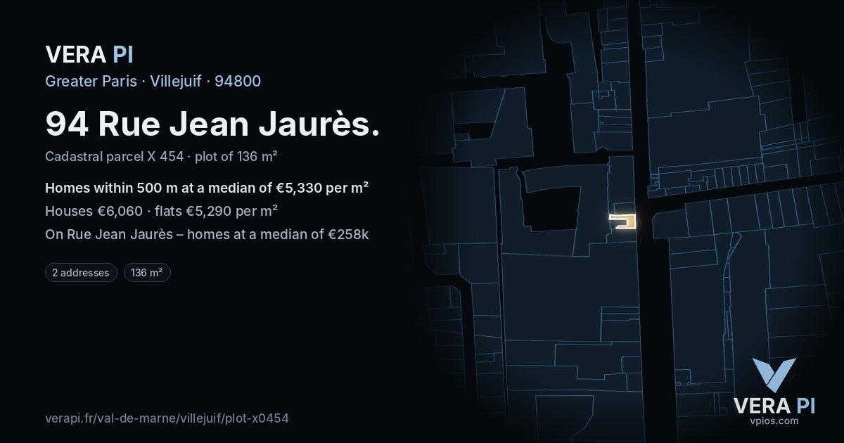 94 Rue Jean Jaurès, Villejuif at night – the plot lit, the parcels around coloured by the prices near them