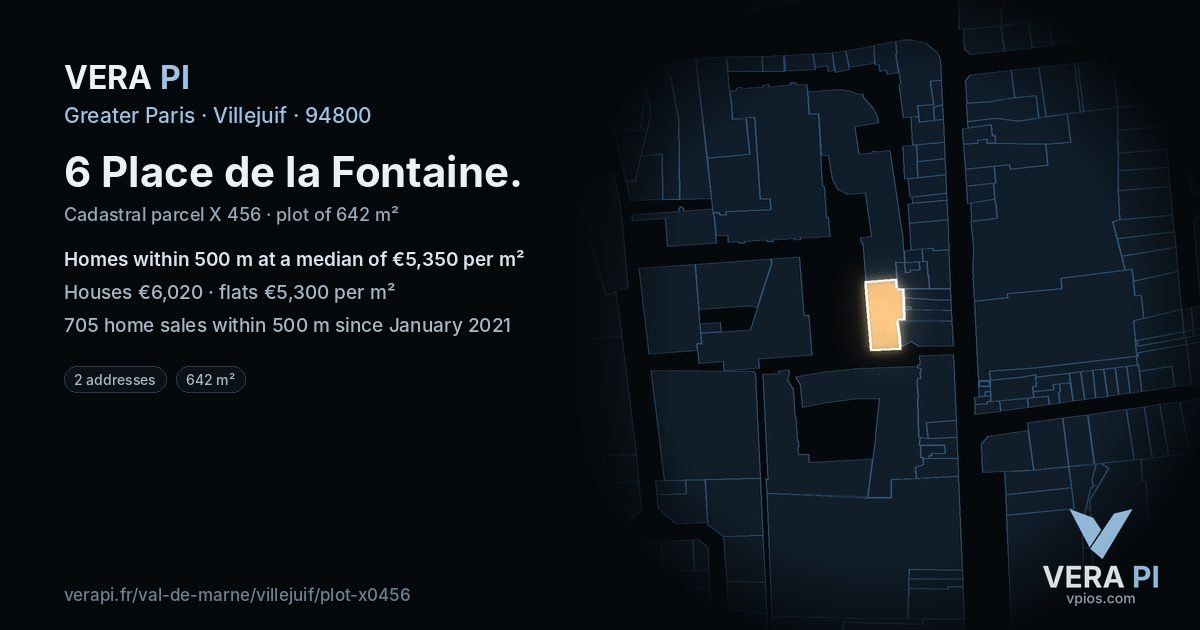 6 Place de la Fontaine, Villejuif at night – the plot lit, the parcels around coloured by the prices near them