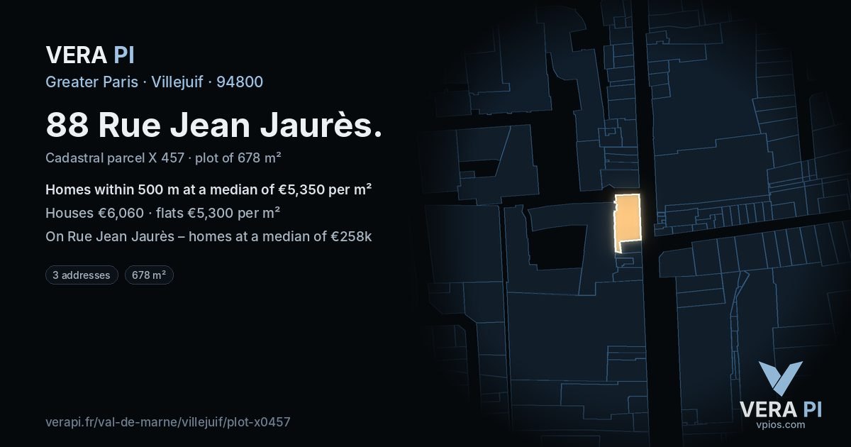 88 Rue Jean Jaurès, Villejuif at night – the plot lit, the parcels around coloured by the prices near them