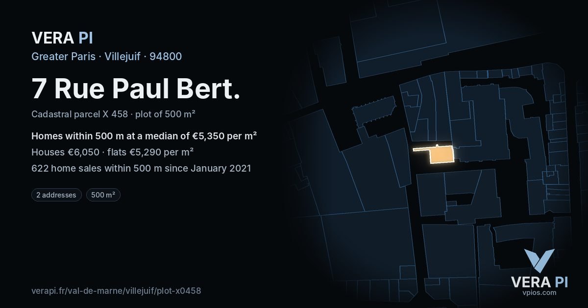 7 Rue Paul Bert, Villejuif at night – the plot lit, the parcels around coloured by the prices near them
