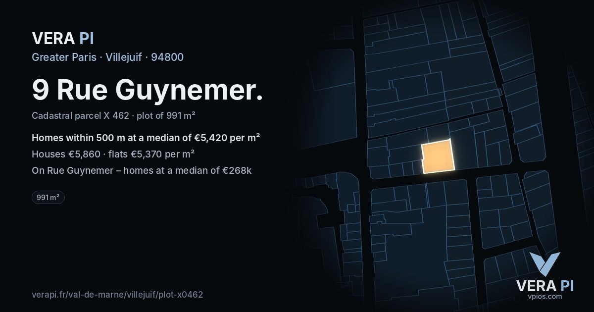 9 Rue Guynemer, Villejuif at night – the plot lit, the parcels around coloured by the prices near them