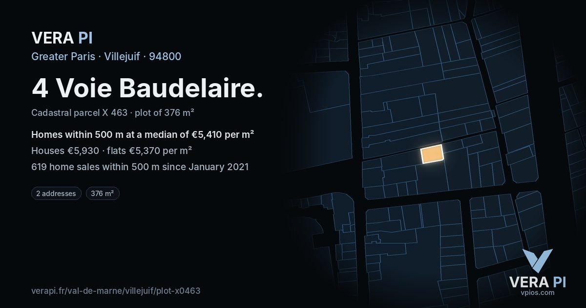 4 Voie Baudelaire, Villejuif at night – the plot lit, the parcels around coloured by the prices near them