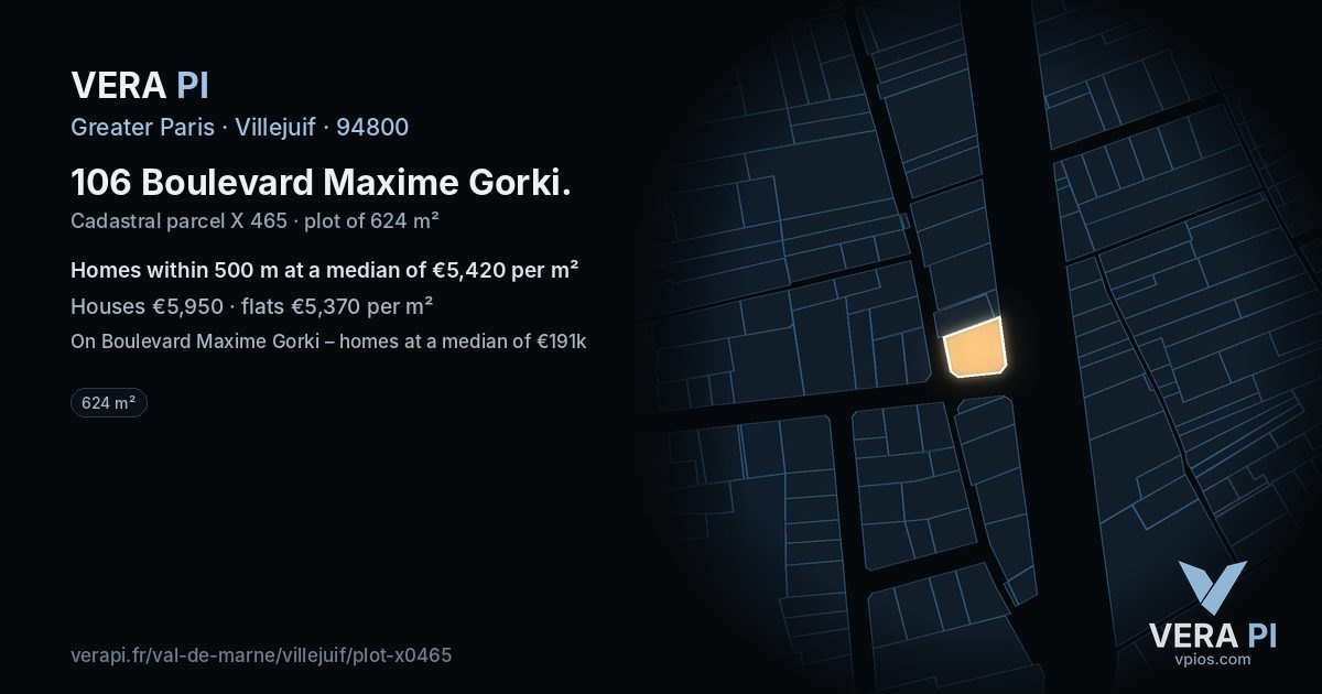 106 Boulevard Maxime Gorki, Villejuif at night – the plot lit, the parcels around coloured by the prices near them