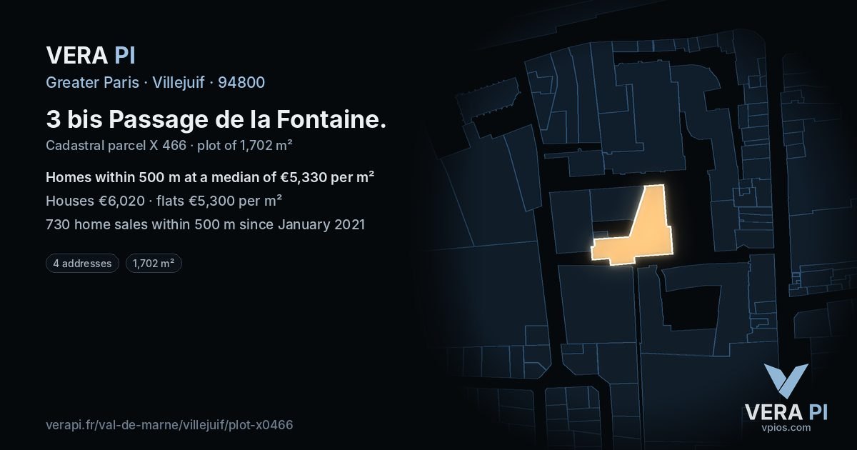 3 bis Passage de la Fontaine, Villejuif at night – the plot lit, the parcels around coloured by the prices near them
