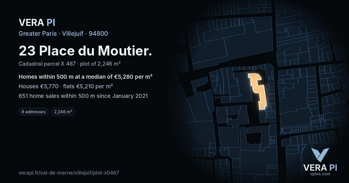 23 Place du Moutier, Villejuif at night – the plot lit, the parcels around coloured by the prices near them