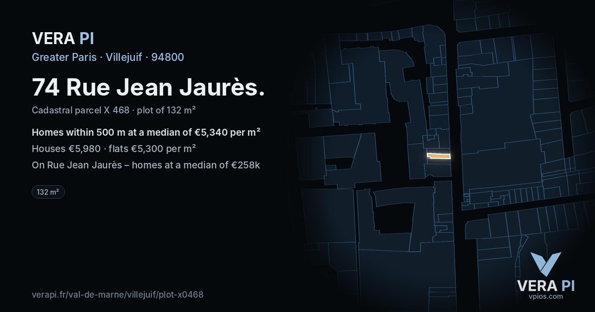 74 Rue Jean Jaurès, Villejuif at night – the plot lit, the parcels around coloured by the prices near them