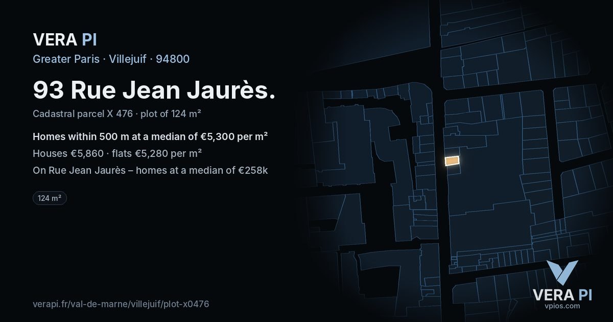 93 Rue Jean Jaurès, Villejuif at night – the plot lit, the parcels around coloured by the prices near them