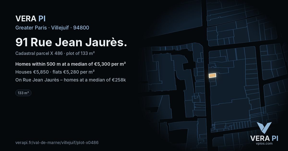 91 Rue Jean Jaurès, Villejuif at night – the plot lit, the parcels around coloured by the prices near them