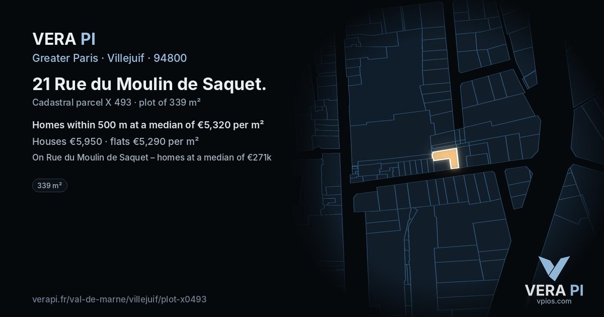 21 Rue du Moulin de Saquet, Villejuif at night – the plot lit, the parcels around coloured by the prices near them