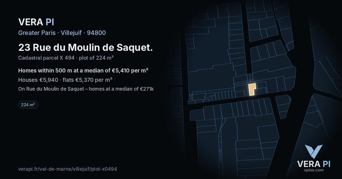 23 Rue du Moulin de Saquet, Villejuif at night – the plot lit, the parcels around coloured by the prices near them