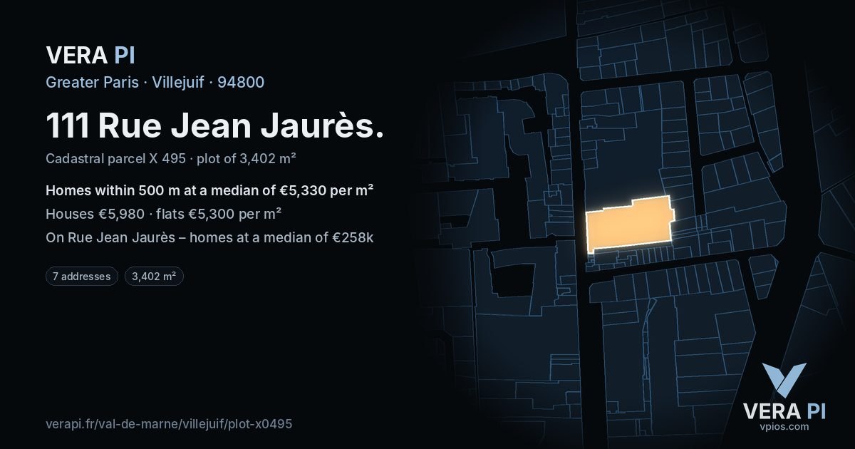 111 Rue Jean Jaurès, Villejuif at night – the plot lit, the parcels around coloured by the prices near them