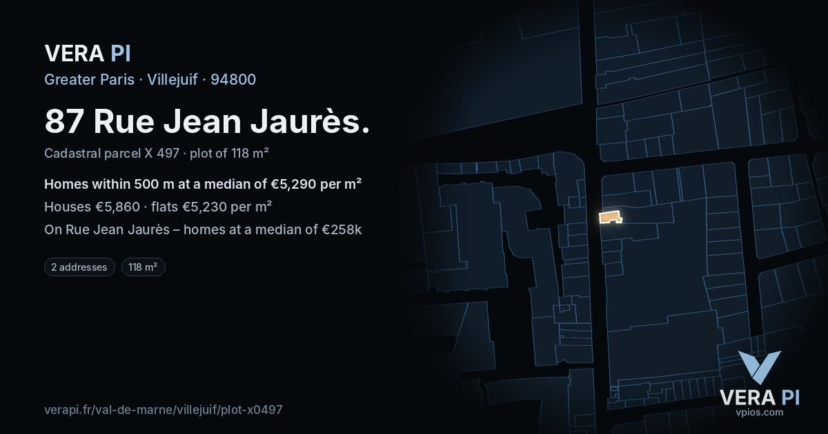 87 Rue Jean Jaurès, Villejuif at night – the plot lit, the parcels around coloured by the prices near them