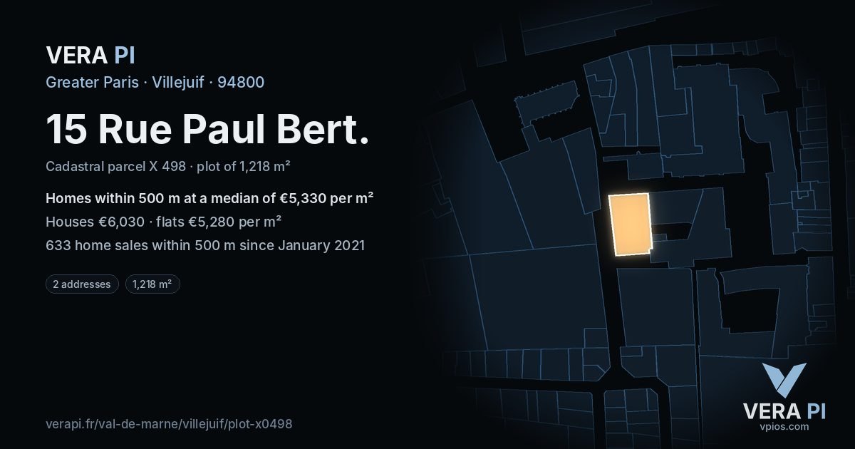 15 Rue Paul Bert, Villejuif at night – the plot lit, the parcels around coloured by the prices near them