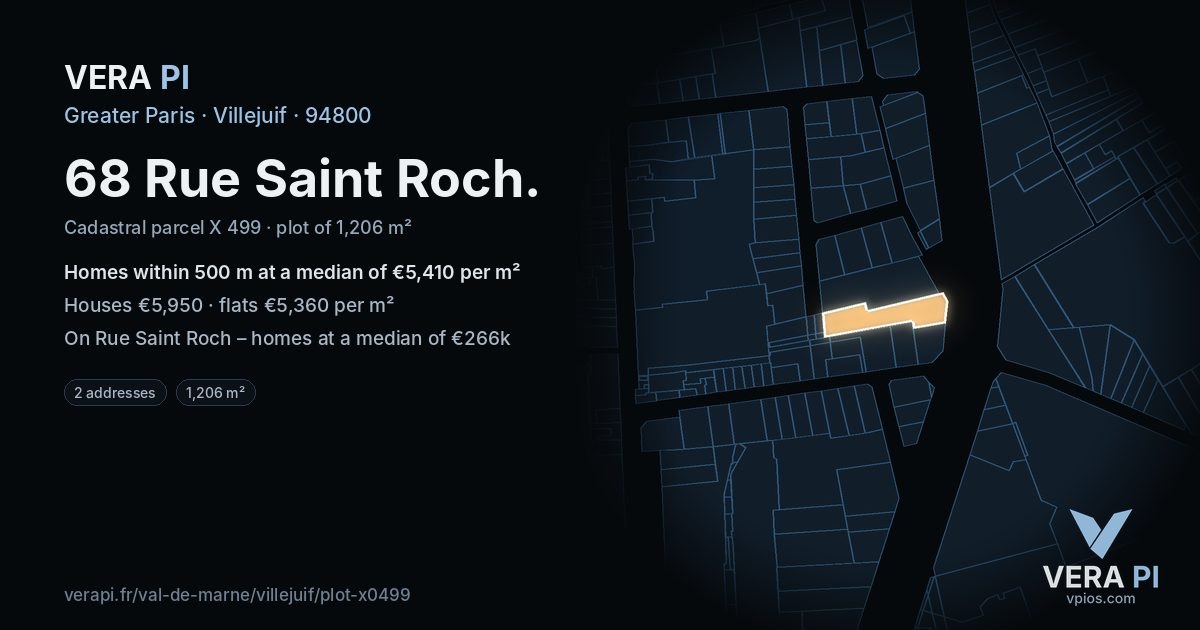 68 Rue Saint Roch, Villejuif at night – the plot lit, the parcels around coloured by the prices near them