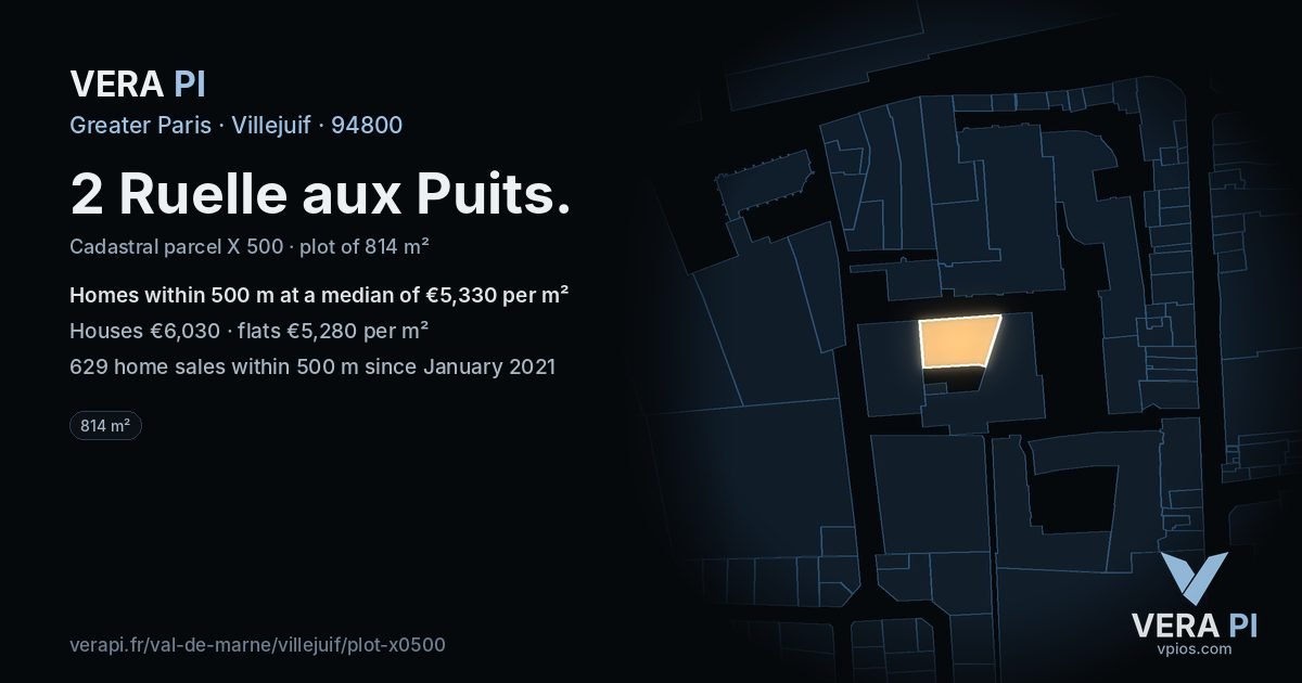 2 Ruelle aux Puits, Villejuif at night – the plot lit, the parcels around coloured by the prices near them