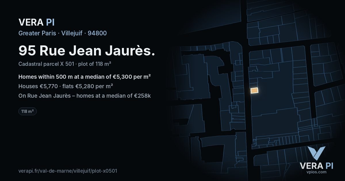 95 Rue Jean Jaurès, Villejuif at night – the plot lit, the parcels around coloured by the prices near them