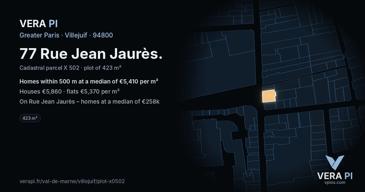 77 Rue Jean Jaurès, Villejuif at night – the plot lit, the parcels around coloured by the prices near them