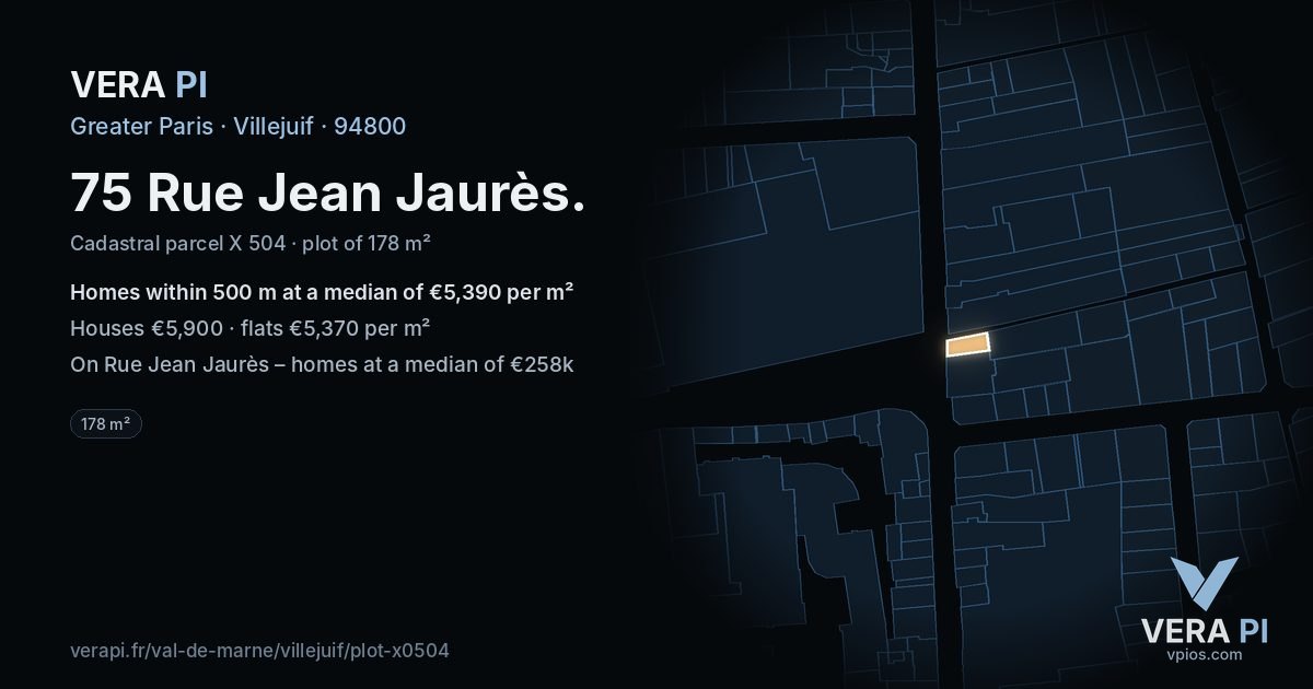 75 Rue Jean Jaurès, Villejuif at night – the plot lit, the parcels around coloured by the prices near them