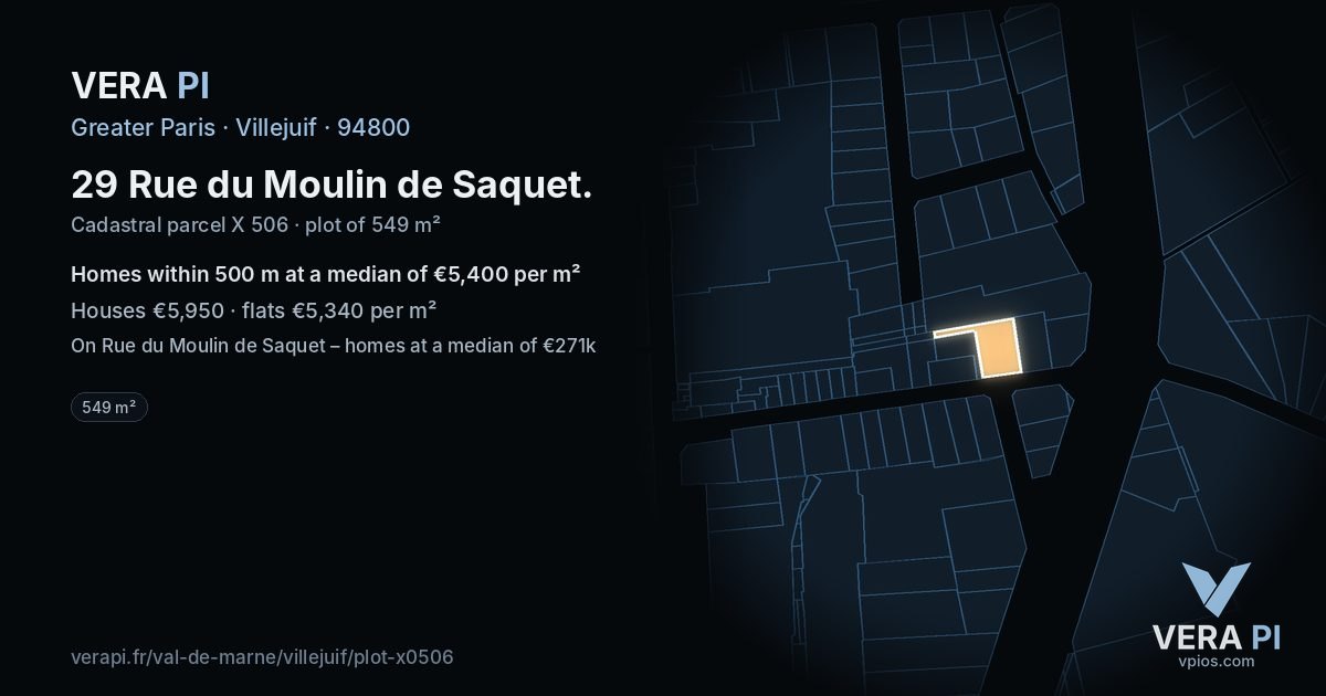 29 Rue du Moulin de Saquet, Villejuif at night – the plot lit, the parcels around coloured by the prices near them