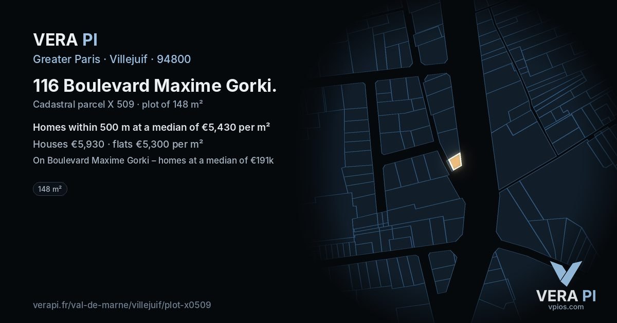 116 Boulevard Maxime Gorki, Villejuif at night – the plot lit, the parcels around coloured by the prices near them
