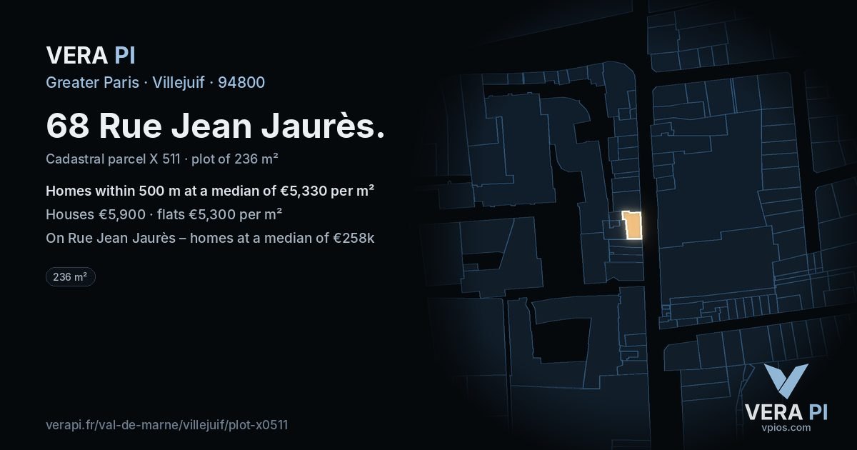 68 Rue Jean Jaurès, Villejuif at night – the plot lit, the parcels around coloured by the prices near them