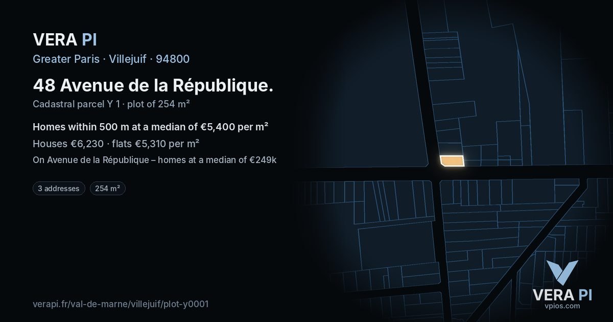 48 Avenue de la République, Villejuif at night – the plot lit, the parcels around coloured by the prices near them