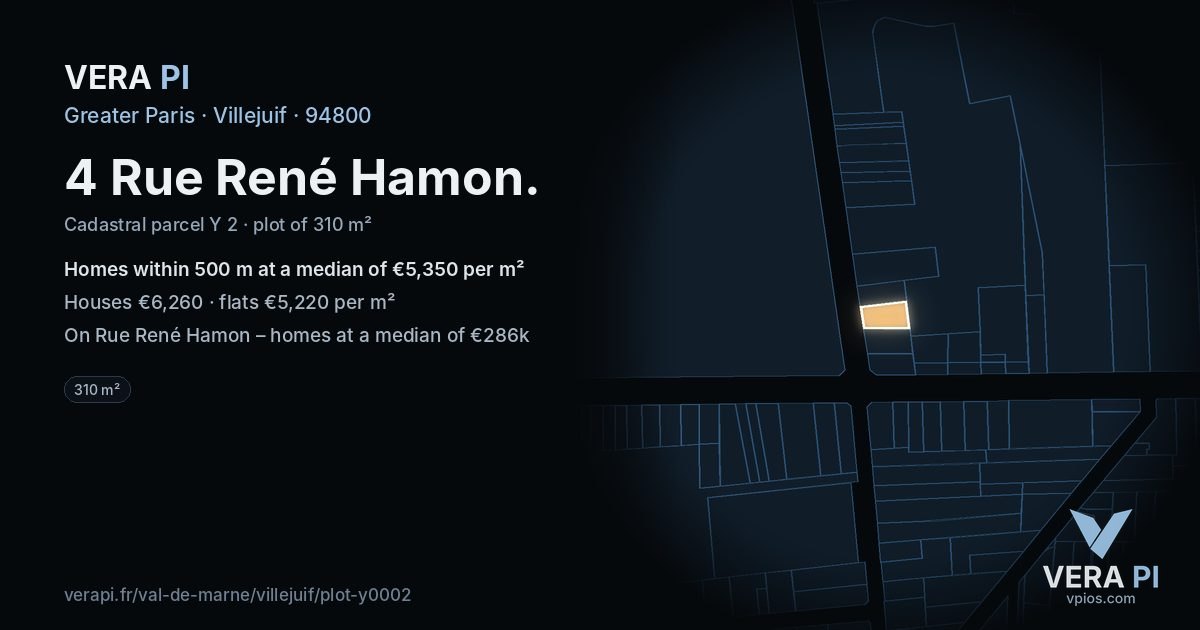4 Rue René Hamon, Villejuif at night – the plot lit, the parcels around coloured by the prices near them
