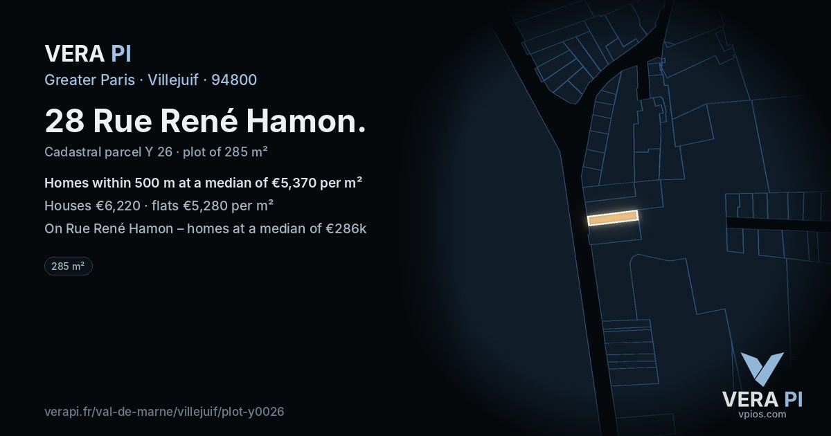 28 Rue René Hamon, Villejuif at night – the plot lit, the parcels around coloured by the prices near them