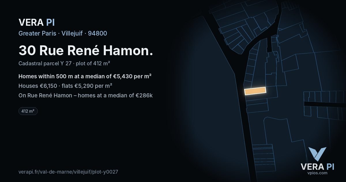 30 Rue René Hamon, Villejuif at night – the plot lit, the parcels around coloured by the prices near them