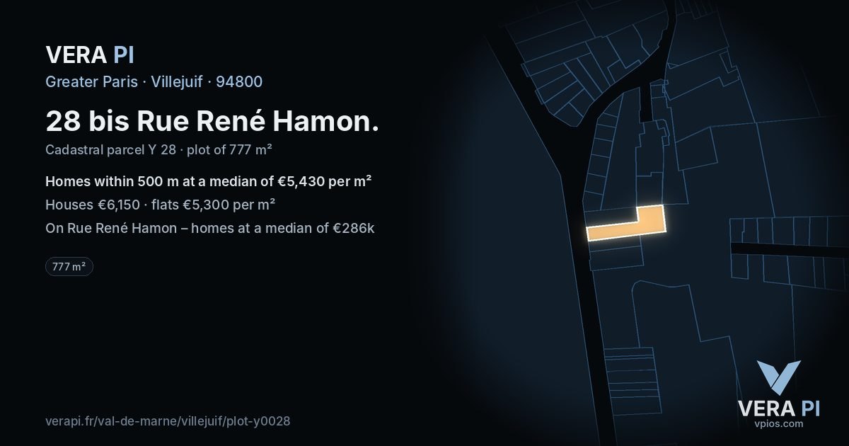 28 bis Rue René Hamon, Villejuif at night – the plot lit, the parcels around coloured by the prices near them