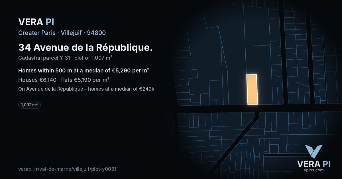 34 Avenue de la République, Villejuif at night – the plot lit, the parcels around coloured by the prices near them