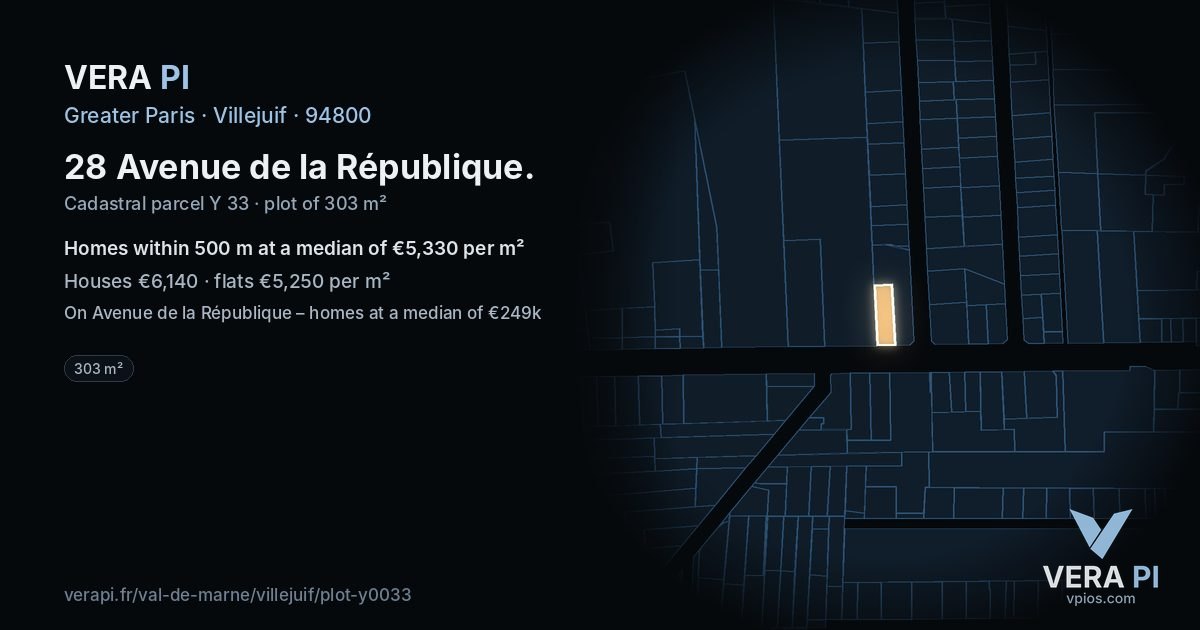 28 Avenue de la République, Villejuif at night – the plot lit, the parcels around coloured by the prices near them