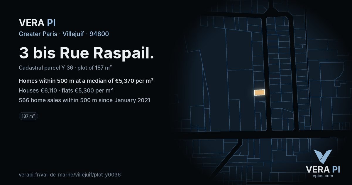 3 bis Rue Raspail, Villejuif at night – the plot lit, the parcels around coloured by the prices near them
