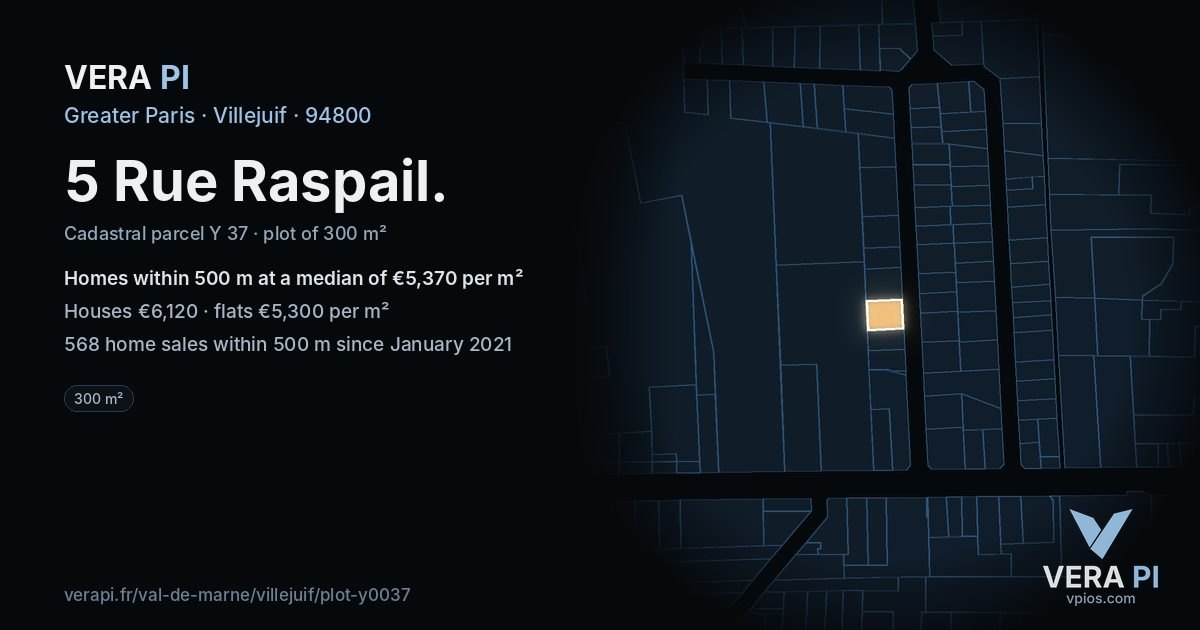 5 Rue Raspail, Villejuif at night – the plot lit, the parcels around coloured by the prices near them