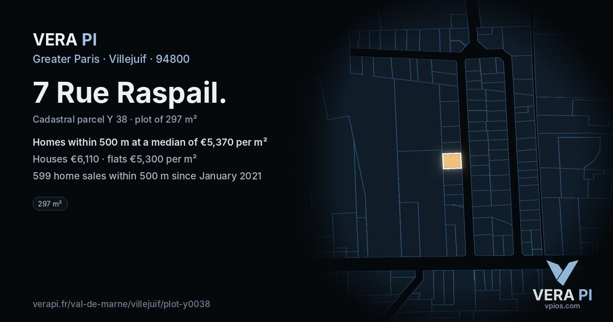 7 Rue Raspail, Villejuif at night – the plot lit, the parcels around coloured by the prices near them