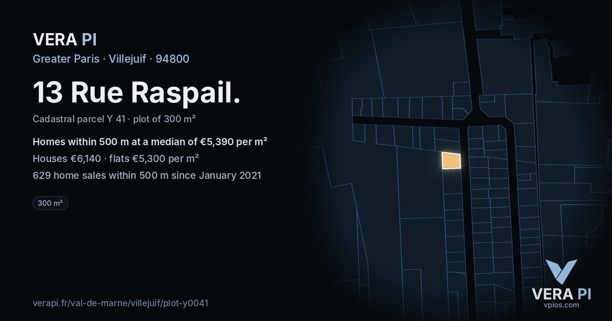13 Rue Raspail, Villejuif at night – the plot lit, the parcels around coloured by the prices near them