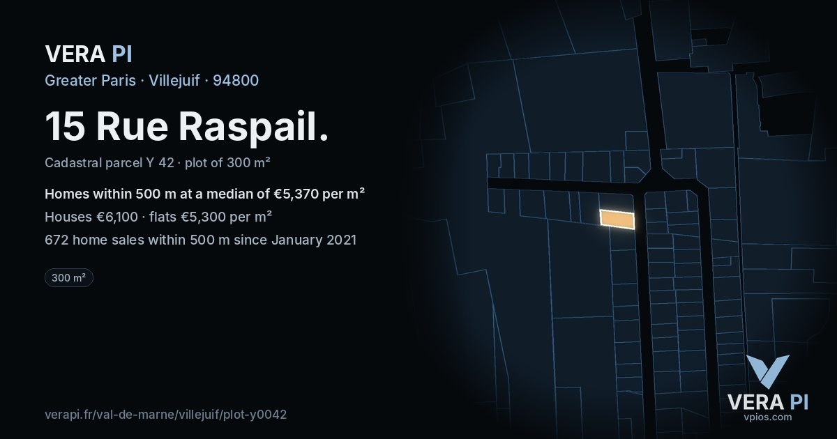 15 Rue Raspail, Villejuif at night – the plot lit, the parcels around coloured by the prices near them