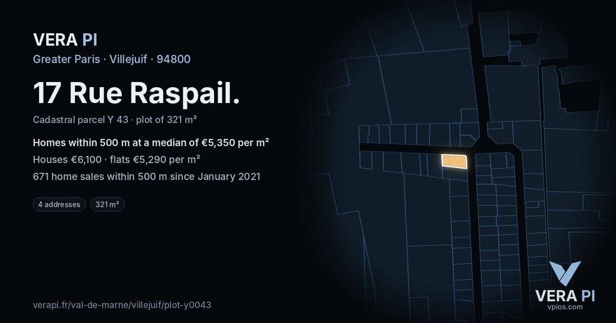 17 Rue Raspail, Villejuif at night – the plot lit, the parcels around coloured by the prices near them