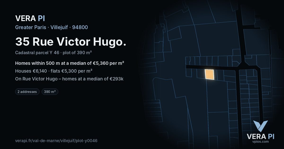 35 Rue Victor Hugo, Villejuif at night – the plot lit, the parcels around coloured by the prices near them