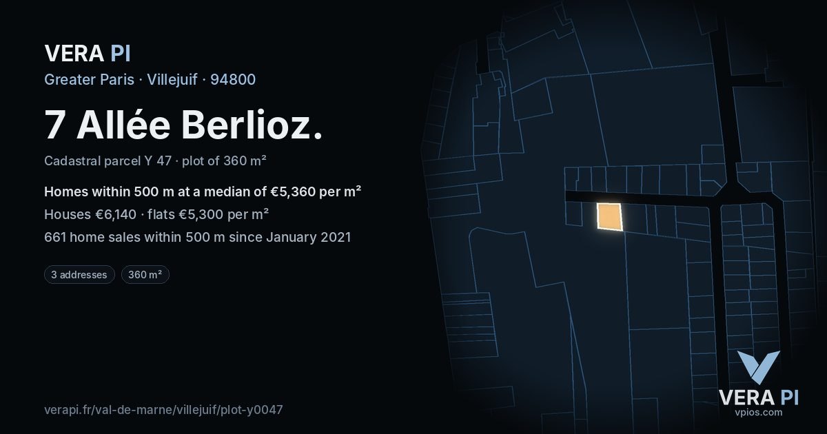 7 Allée Berlioz, Villejuif at night – the plot lit, the parcels around coloured by the prices near them