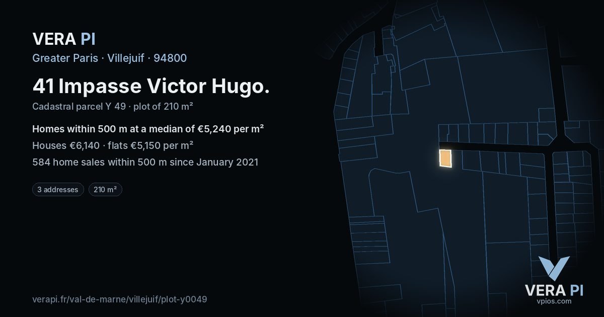 41 Impasse Victor Hugo, Villejuif at night – the plot lit, the parcels around coloured by the prices near them