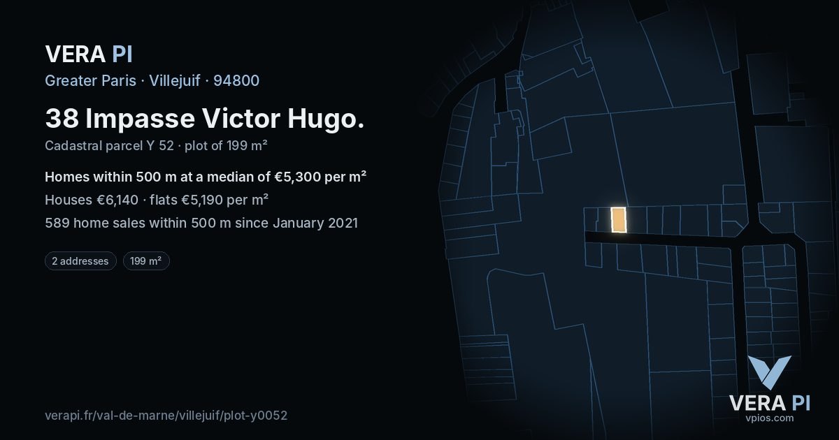38 Impasse Victor Hugo, Villejuif at night – the plot lit, the parcels around coloured by the prices near them